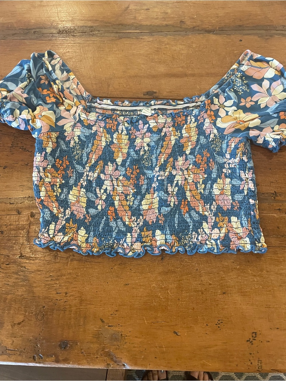 aerie Blue Floral Smocked Off-Shoulder Crop Top with Puff Sleeves